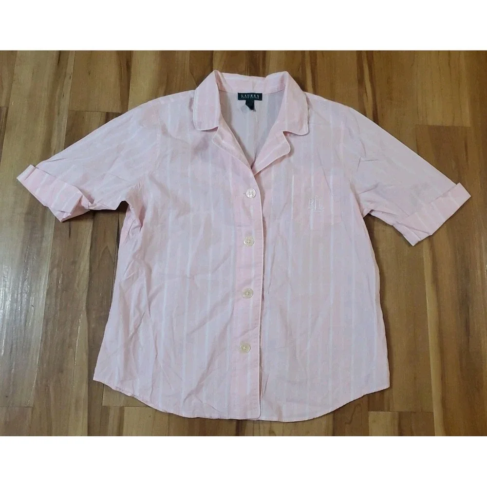 Ralph Lauren Pajama Shirt Womens XL Pink White Striped Lightweight Cotton Logo‎